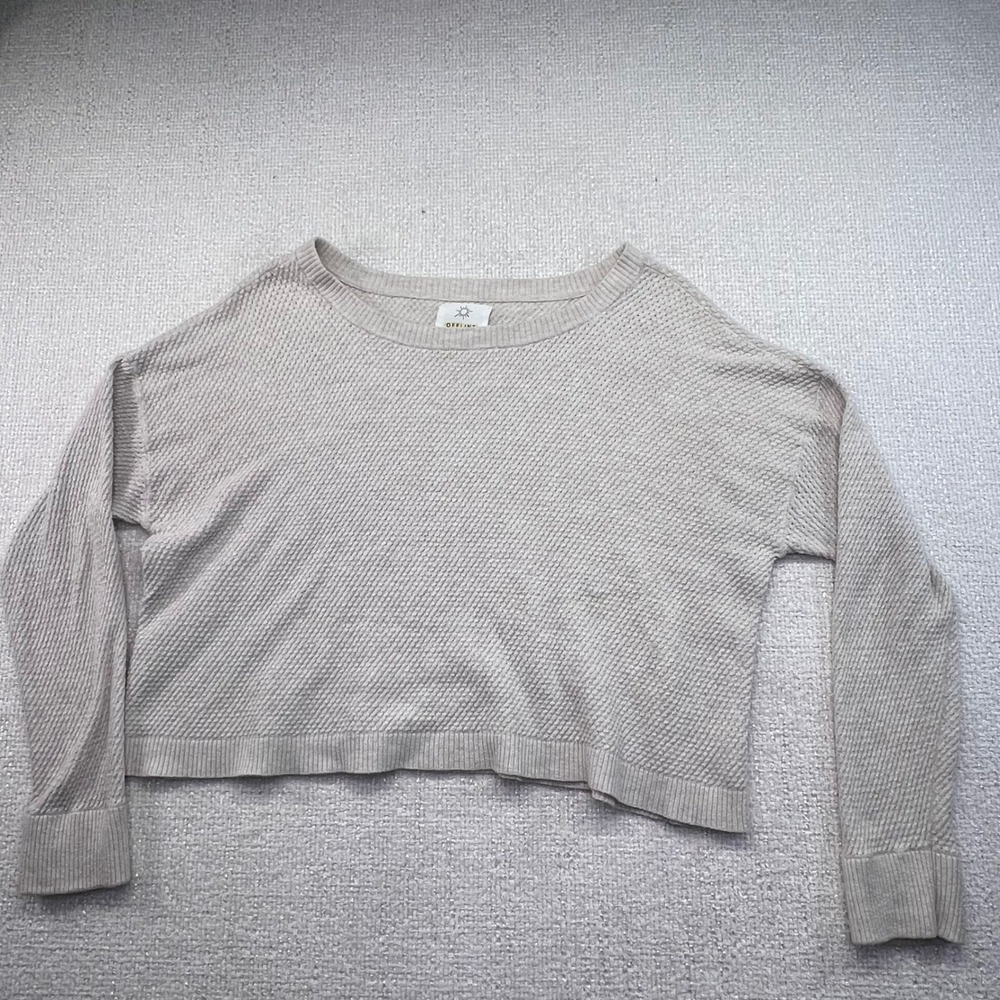 OFFLINE Women's Cream Waffle Knit Cropped Sweater Long Sleeve Cozy Comfort